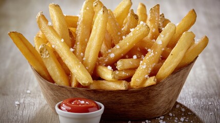 Crispy Salted French Fries in Wooden Bowl with Ketchup