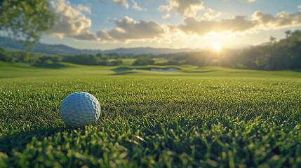 A golf ball on a lush green course at sunset, highlighting a serene sports setting.