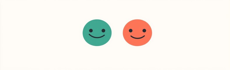 Fototapeta premium Minimalist line art illustration of happy and sad face symbols in green, orange, red, and yellow on a white background