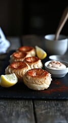 Delicious Spicy Scallops Appetizer with Lemon and Sauce