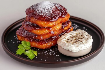 Delicious Stack of Sweet Potato Pancakes with Sauce and Cream