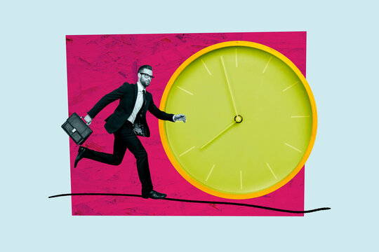Contemporary poster trend collage of serious businessman run time limit expire problem punctuality concept executive rush