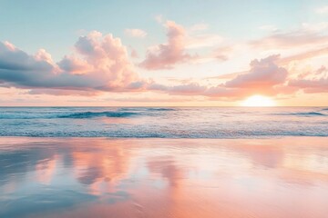 Fototapeta premium Serene sunset over calm ocean vibrant clouds in sky tranquil landscape beautiful reflections peaceful seascape captivating evening view nature's splendor