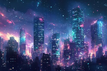 Futuristic Cityscape Under a Starry Night Sky