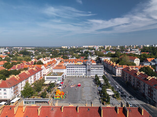 Summer skyline cityscape of Koszalin, West Pomerania (Zachodniopomorskie), Poland. Aerial panoramic view of Old Town square (Koszaliński Rynek Staromiejski) with Town Hall (Ratusz) and Cathedral
