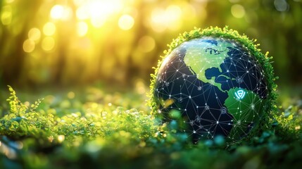 Eco friendly global supply chain innovation. Globe with network connections, green plants. Sustainable tech solutions. Eco strategy for waste reduction. Efficient logistics. Improved resource