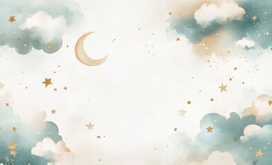 Watercolor clouds and stars and moon pattern on a white background, in pastel colors of light blue, beige, and gold