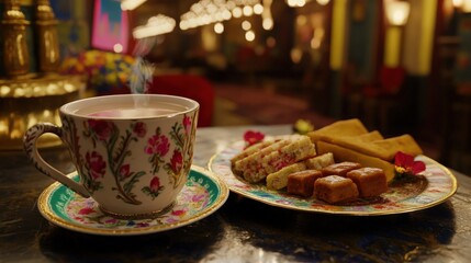 Steaming teacup and assorted pastries on ornate saucer, in a vibrant setting.
