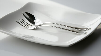 A minimalist setting featuring a fork and spoon on a white plate.