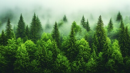 Obraz premium Misty green forest, aerial view.