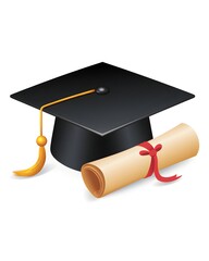 Black Graduation Cap with Yellow Tassel and Rolled-Up Diploma Tied with Red Ribbon.