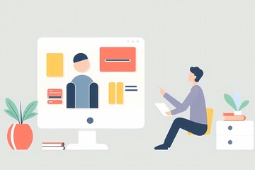 Online Consultation: A man on his computer screen, wearing a blue shirt, gives advice to a client sitting on a couch, symbolizing a virtual meeting and consultation. The client is listening intently.