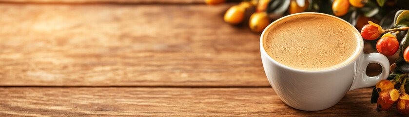 Fototapeta premium A cozy cup of coffee sits on a wooden table, surrounded by vibrant autumn leaves.
