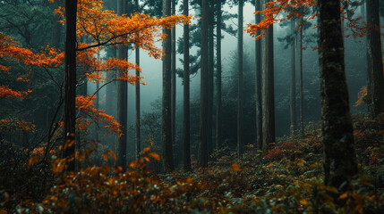 Naklejka premium Autumn forest with vivid orange leaves against a misty backdrop in the morning.