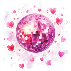 A groovy disco ball in watercolor style, surrounded by pink and red heart-shaped sparkles