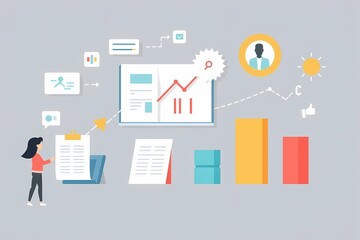 Strategic Planning:  A woman analyzes data and charts, symbolizing strategic planning and business growth.  The illustration highlights the process of achieving business objectives.