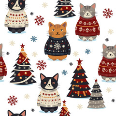 bright christmas cats among fir trees. seamless pattern
