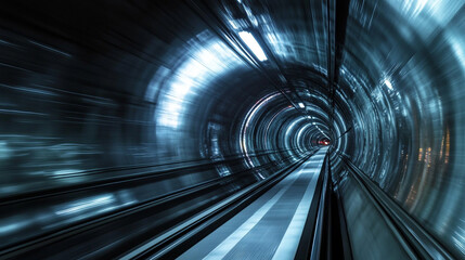 Fototapeta premium Traveling through a futuristic tunnel withlowing lights and reflections.