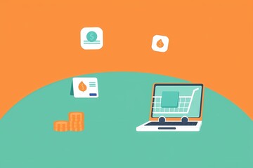 Online Shopping Experience: A vibrant illustration depicting the seamless flow of online transactions, showcasing a laptop with a shopping cart icon, credit card, coins, and other relevant icons.