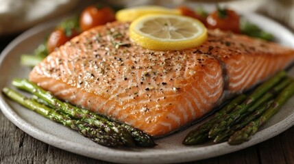 Baked salmon fillet with asparagus and tomatoes.