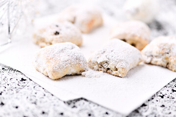 Stollen Bites on bright background. Soft focus. Close up.
