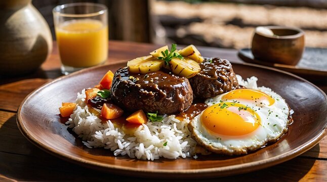 Indulge in a cozy plate of Loco Moco accompanied by rice and sunny-side-up eggs, capturing the essence of Hawaiian comfort food during a bright morning