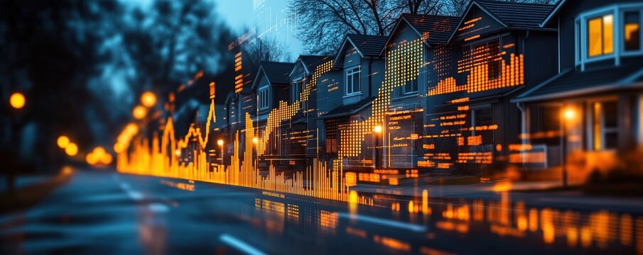 Suburban houses display projected home price graphs. Night view shows rising market inflation. Dynamic visual of housing market trends. Graph data overlays houses. Economic valuation reflected on
