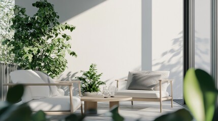 Modern minimalist balcony with clean, stylish design. Featuring neutral tones and sleek lines