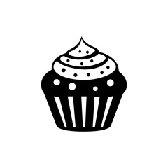 A stylized black and white illustration of a cupcake with frosting and decorative sprinkles.