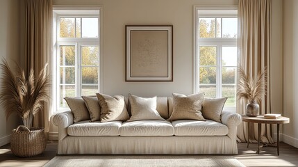 Beige sofa in a cozy living room with autumn view.