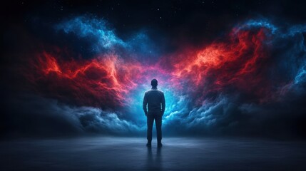 Fototapeta premium Person Standing Alone in Cosmic Space with Red and Blue Nebula Background, Mystical and Dreamlike Scene