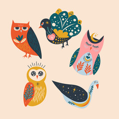 Folk Art Animal Bird Design Element