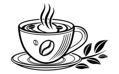 A stylized black and white illustration of a steaming cup of coffee on a saucer, adorned with a coffee bean design and accompanied by a sprig of leaves. Perfect for coffee-themed stock images.