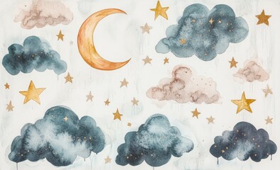 Watercolor painting of clouds, stars, and a moon pattern in light blue, beige, and yellow pastel colors on a white background, creating a dreamy, serene atmosphere.