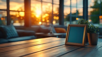 Blank picture frame on a wooden table in a cafe at sunset.