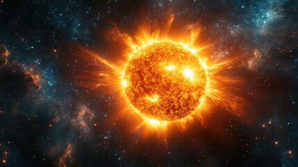 Blazing sun in deep space with cosmic nebulae.