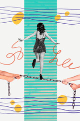 Vertical sketch 3d artwork collage poster of anonym girl stand back metal chain trap freedom ribbon...