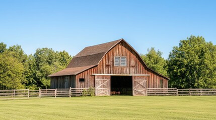 Obraz premium Rustic wooden barn with open doors, set against a backdrop of lush green fields and trees under a clear blue sky.