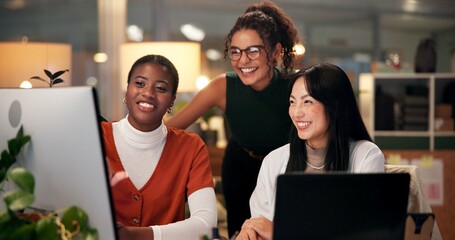 Employees, computer and editing in office at night, magazine research and manager for helping...