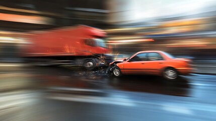 Truck with a container on the background of the burning road.