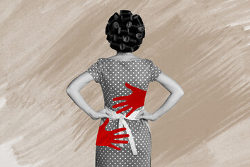 Composite photo collage of anonym housewife stand back wear curlers apron sex harassment violence...