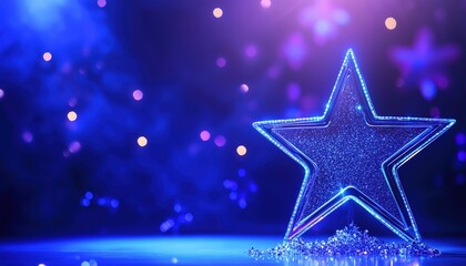 Elegant Star Display Stand With Sparkling Decoration And Bright Blue Spotlights: Perfect For Award Ceremonies, Celebrations, And Recognition Events.