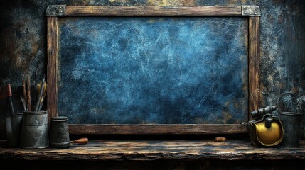 Blank chalkboard background with vintage wooden frame and art tools.