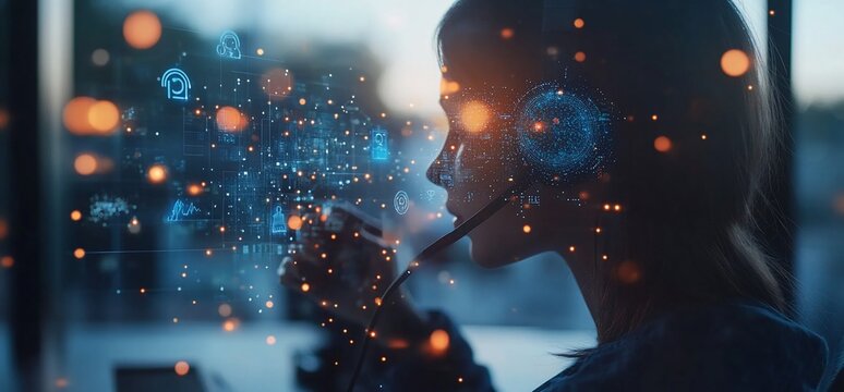 A silhouette of a woman with a headset, surrounded by digital data visualizations.