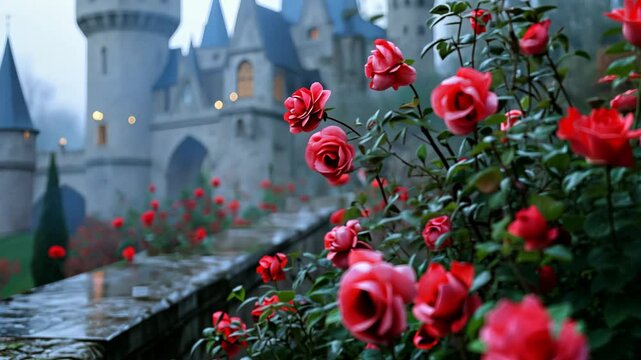 fairytale castle with red rose garden 