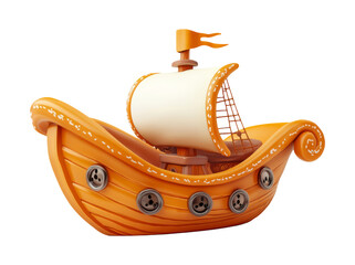 Cartoon Style Pirate Ship with Colorful Sails on Transparent Background
