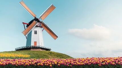 Traditional Windmill Surrounded by Colorful Tulips
