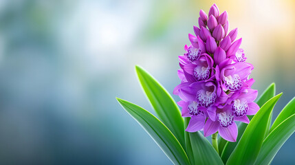 Fototapeta premium Beautiful purple orchid flower blooming with green leaves in a serene background.