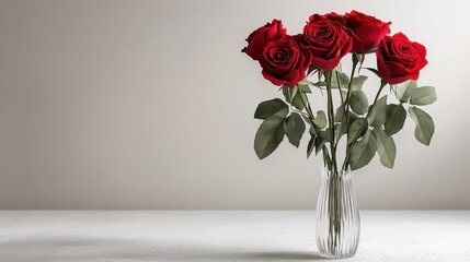 Fototapeta premium Elegant Arrangement of Fresh Red Roses in a Clear Glass Vase for Home Decoration