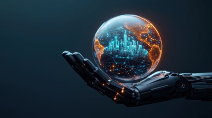 Mechanical Hand Holding a Digital Globe